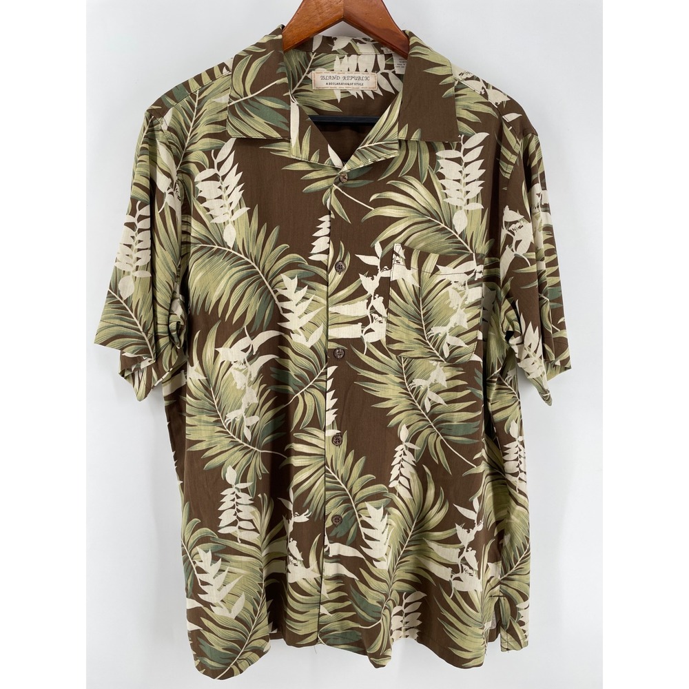 Island Republic‎ Hawaiian Shirt Mens Large 100% Silk Luxury Camp Brown Tropical